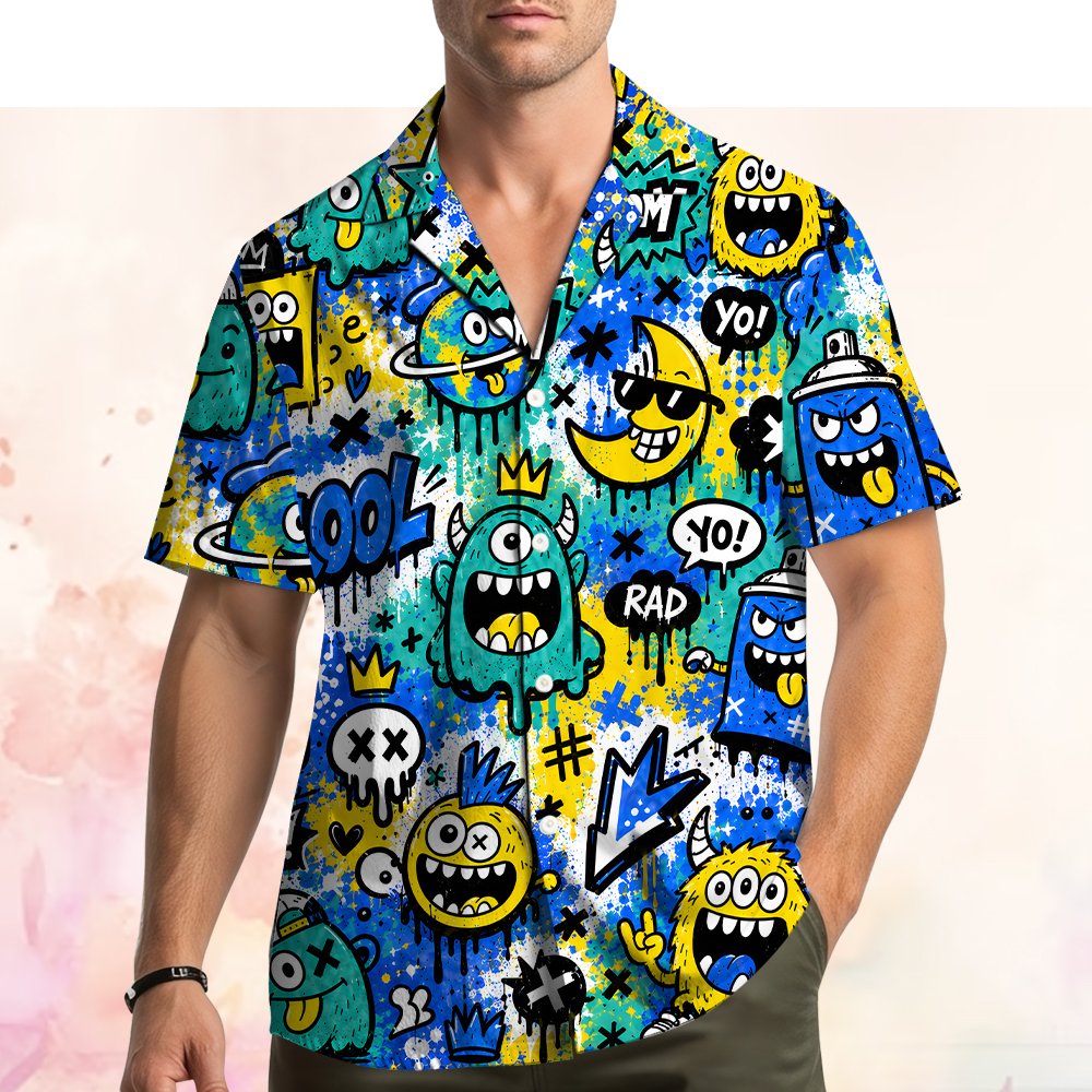 Close up front view of the monster pattern hawaiian shirt