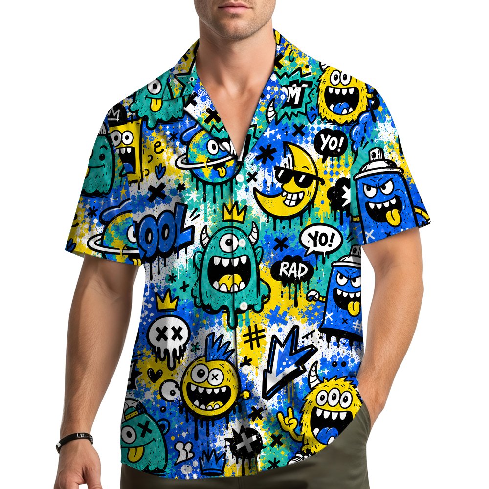 Colorful monster graffiti hawaiian shirt, front view