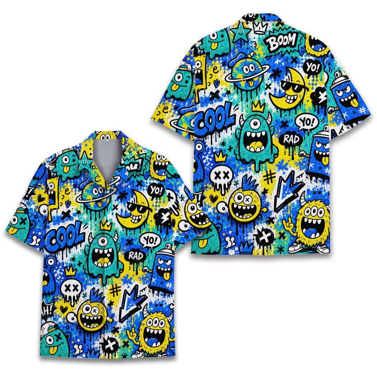 Lifestyle shot of the vibrant graffiti hawaiian shirt