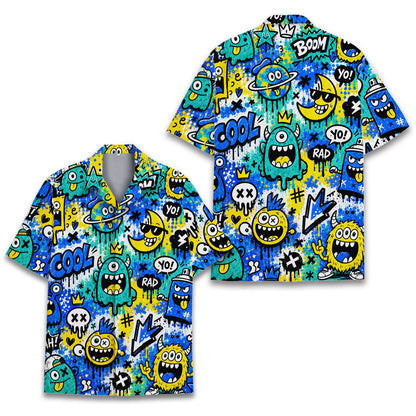 Lifestyle shot of the vibrant graffiti hawaiian shirt