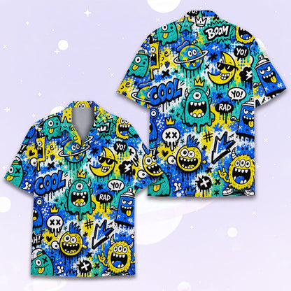 People posing in matching family hawaiian shirts with monster design