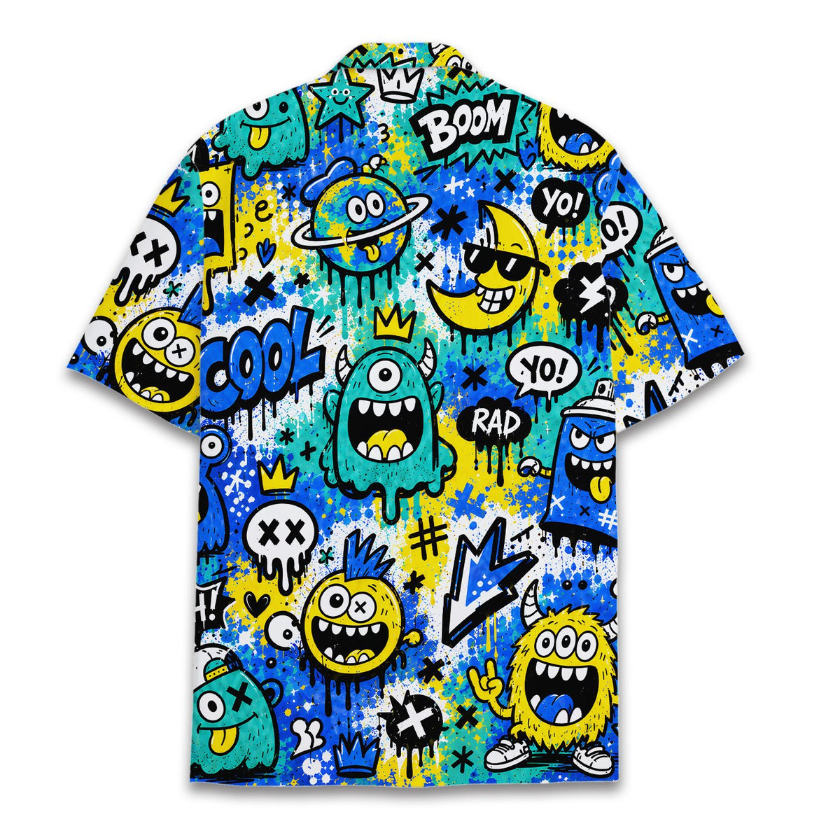 Family wearing matching monster graffiti hawaiian shirts