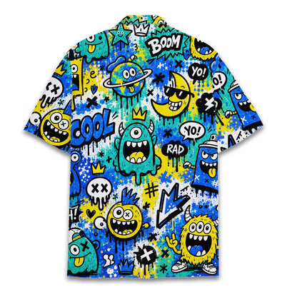 Family wearing matching monster graffiti hawaiian shirts