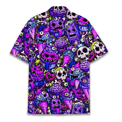 Back view of the matching family hawaiian shirts with monster ice cream print