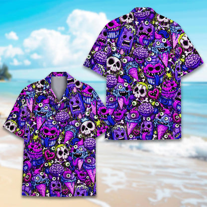 Detailed front view of the monster ice cream hawaiian shirt