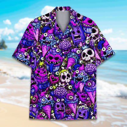 Another front view of the purple monster hawaiian shirt design