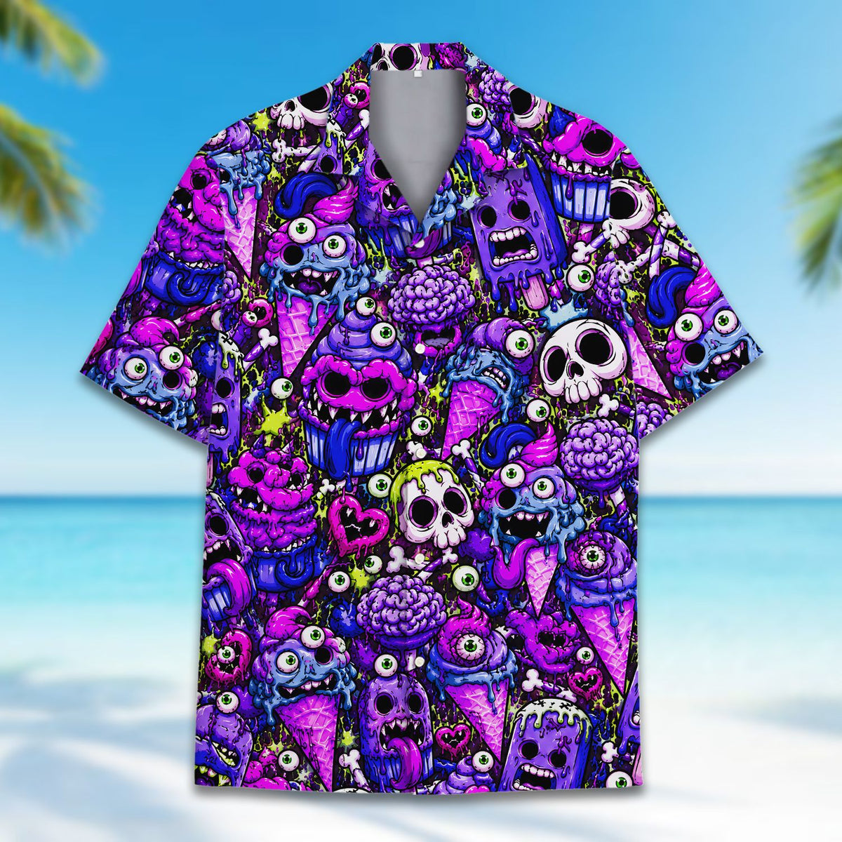 Close up front view highlighting the vivid monster treats and skulls