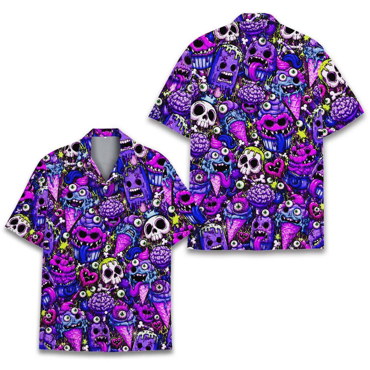 Front view of the matching family hawaiian shirt featuring spooky ice cream cones