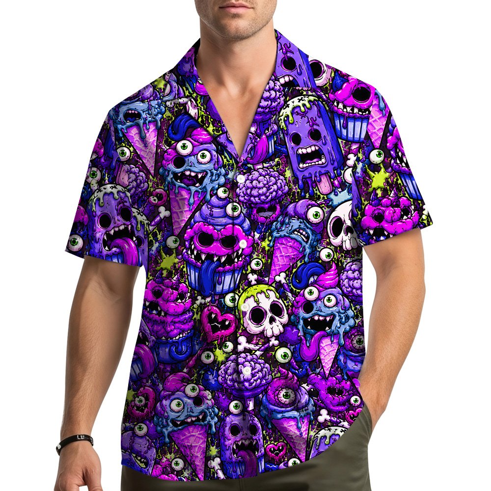 Lifestyle image of the monster ice cream hawaiian shirt worn outdoors