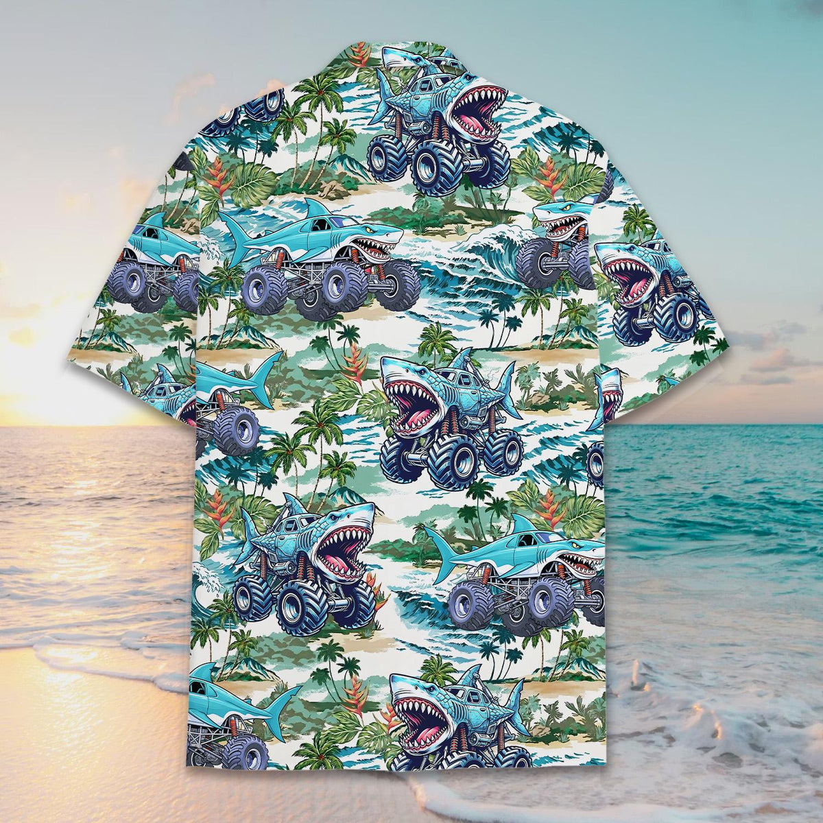Detailed back view of the shark monster truck shirt