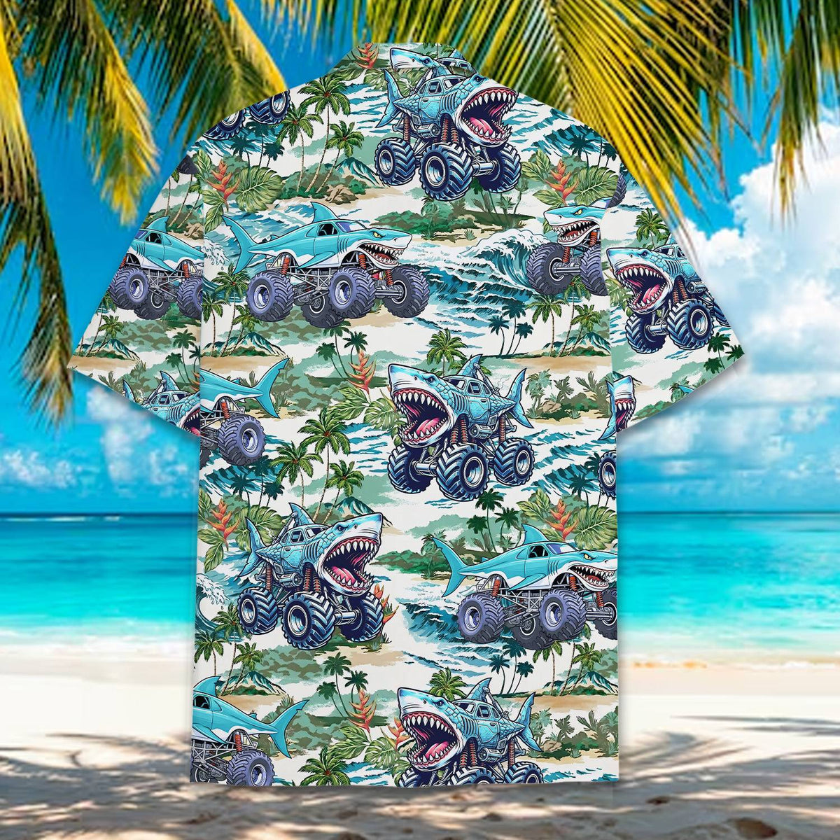 Alternative back view of the tropical monster truck hawaiian shirt