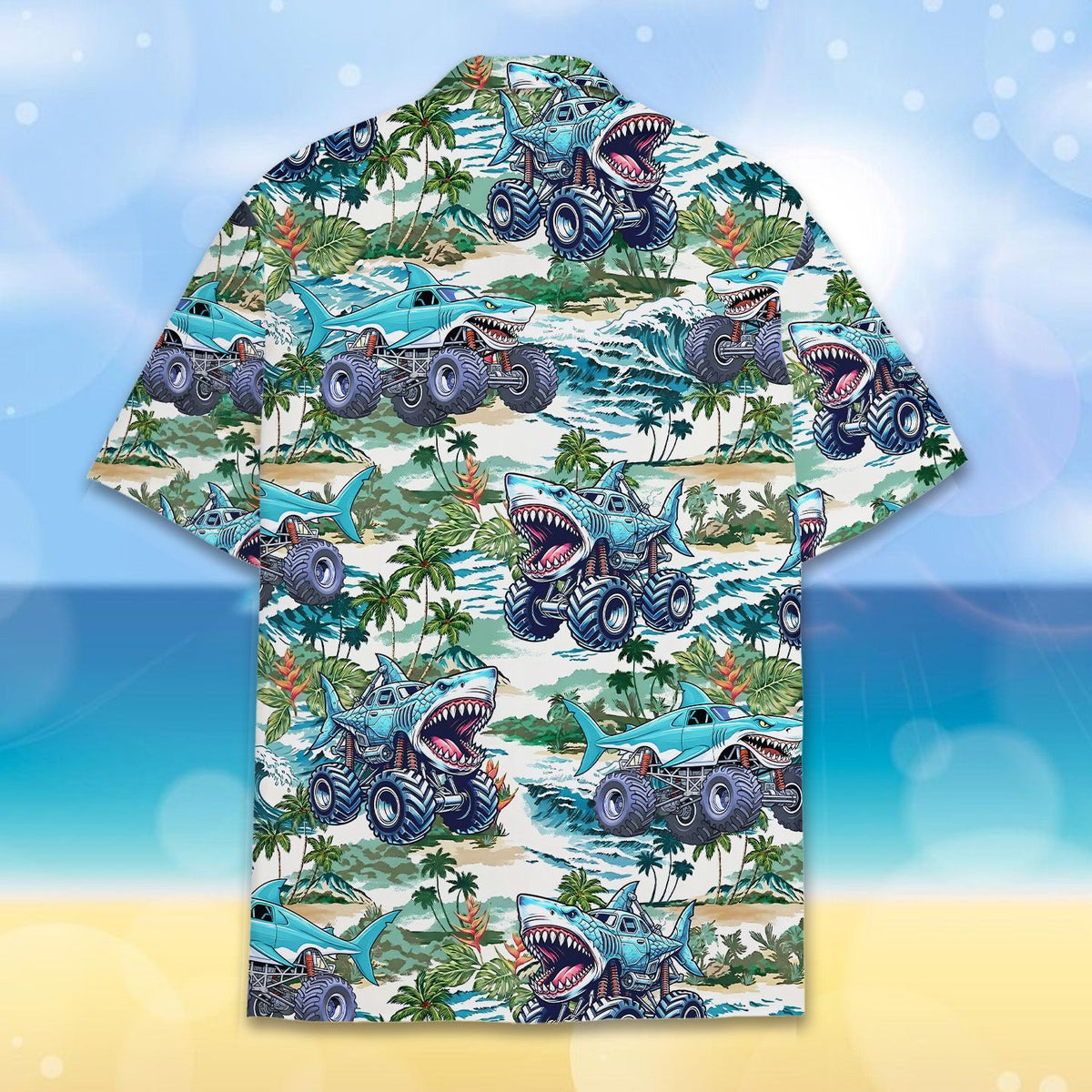 Back view of the monster truck shark hawaiian shirt
