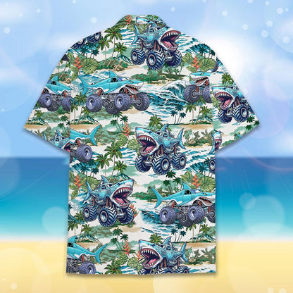 Back view of the monster truck shark hawaiian shirt
