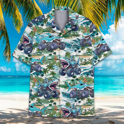 Detailed front view of the tropical shark truck hawaiian shirt