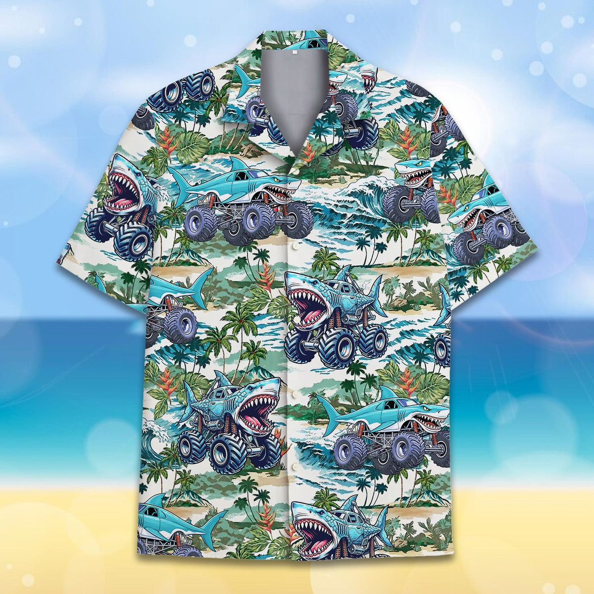 White, blue, and green tropical monster truck shirt, main view