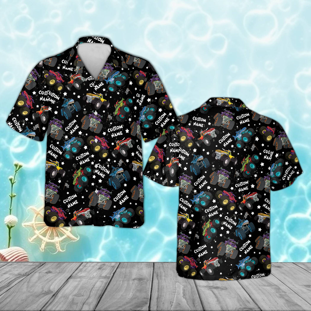 Black custom hawaiian shirt with colorful monster trucks pattern, front view