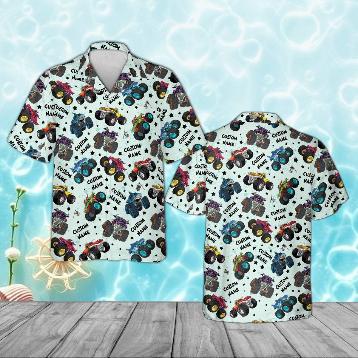 Custom blue monster hawaiian shirt featuring colorful monster trucks and a personalized name, front view