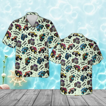 Light green matching family hawaiian shirt with monster trucks and custom name, front view
