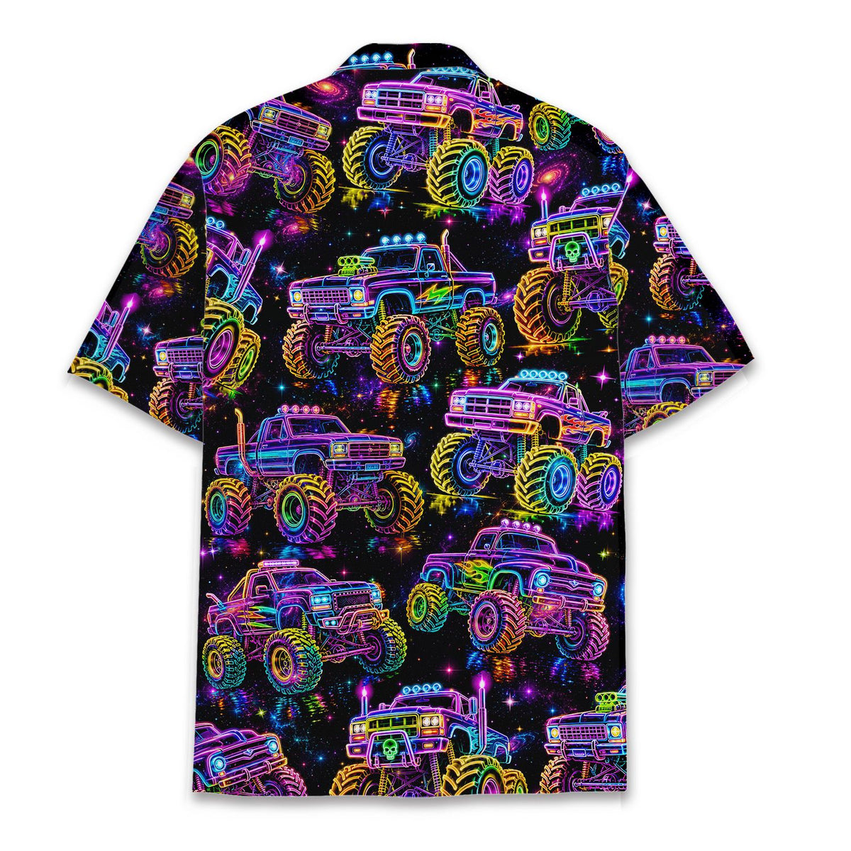 Back view of the monster hawaiian shirt showing the continuous neon truck and galaxy pattern.