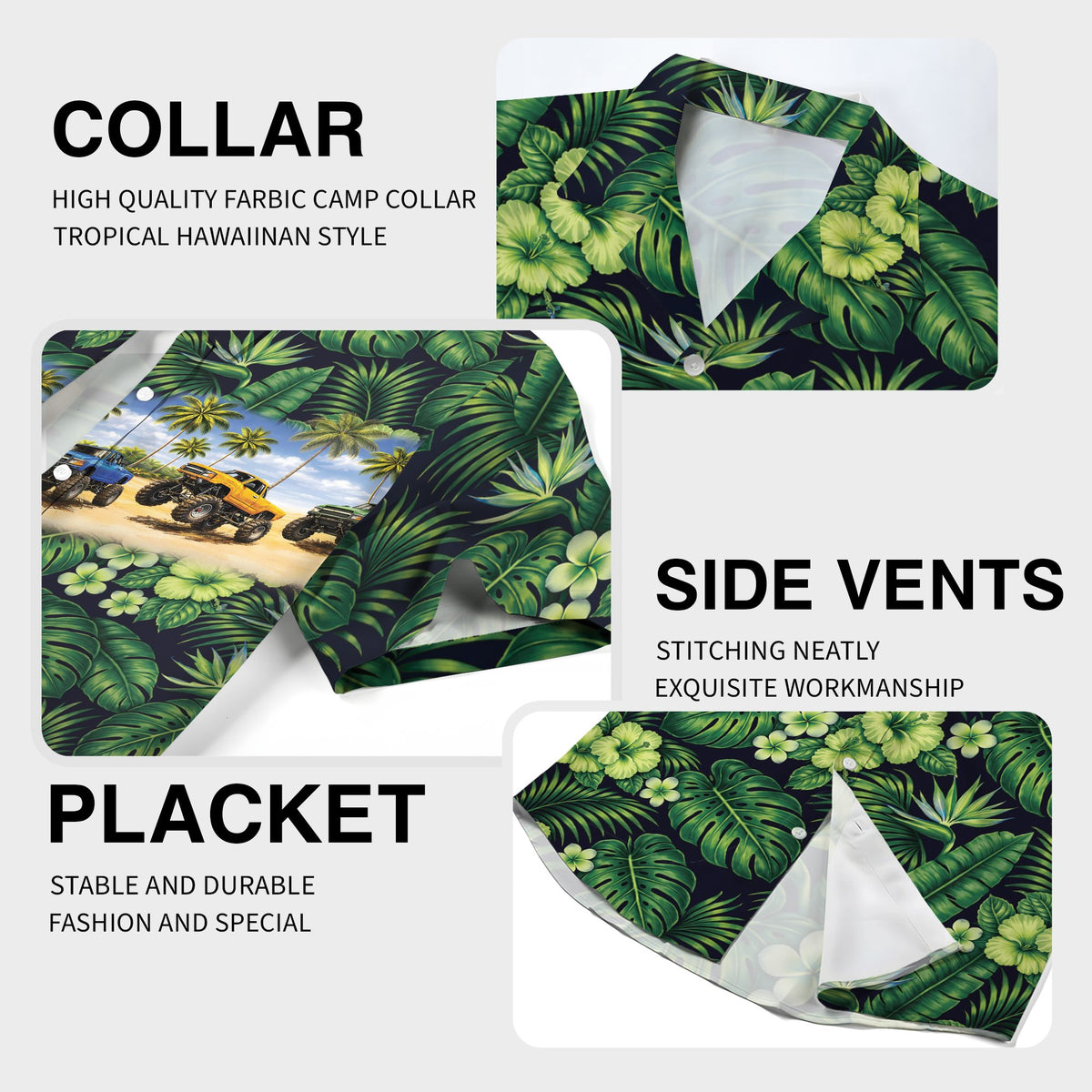 Second detail view focusing on the tropical pattern and shirt fabric
