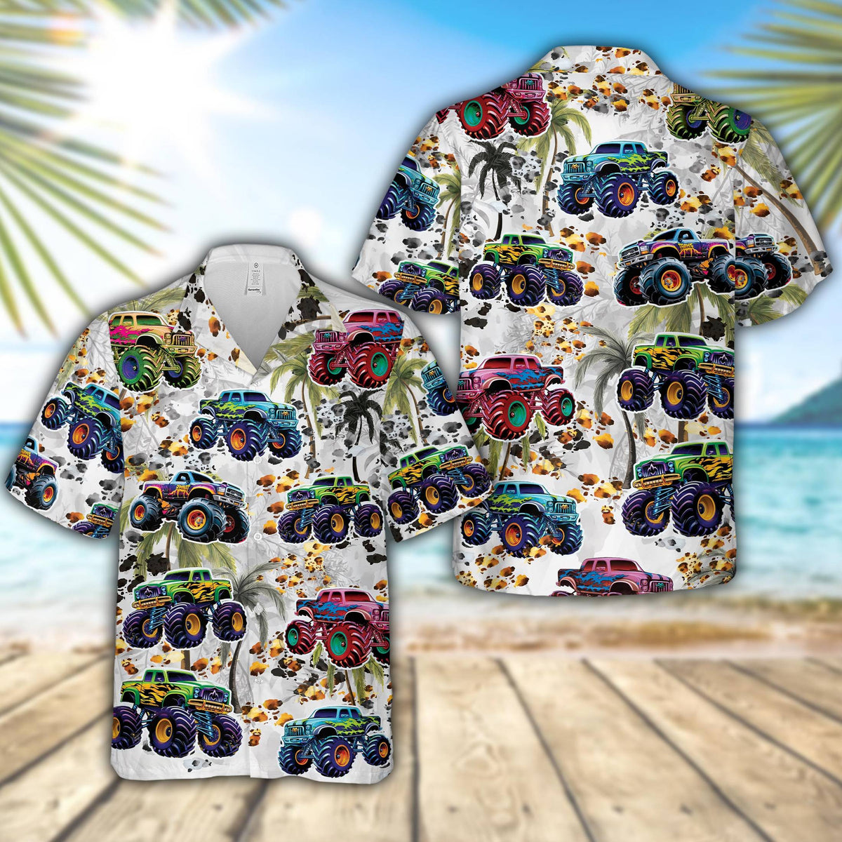 Matching family trucks hawaiian shirt with colorful monster trucks on a white background, main view