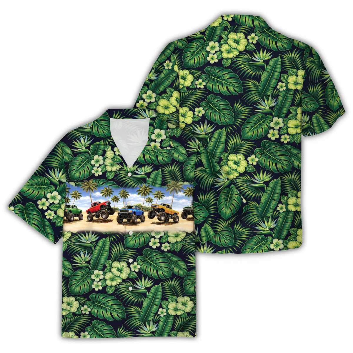 Main view of the green monster hawaiian shirt featuring monster trucks and tropical leaves