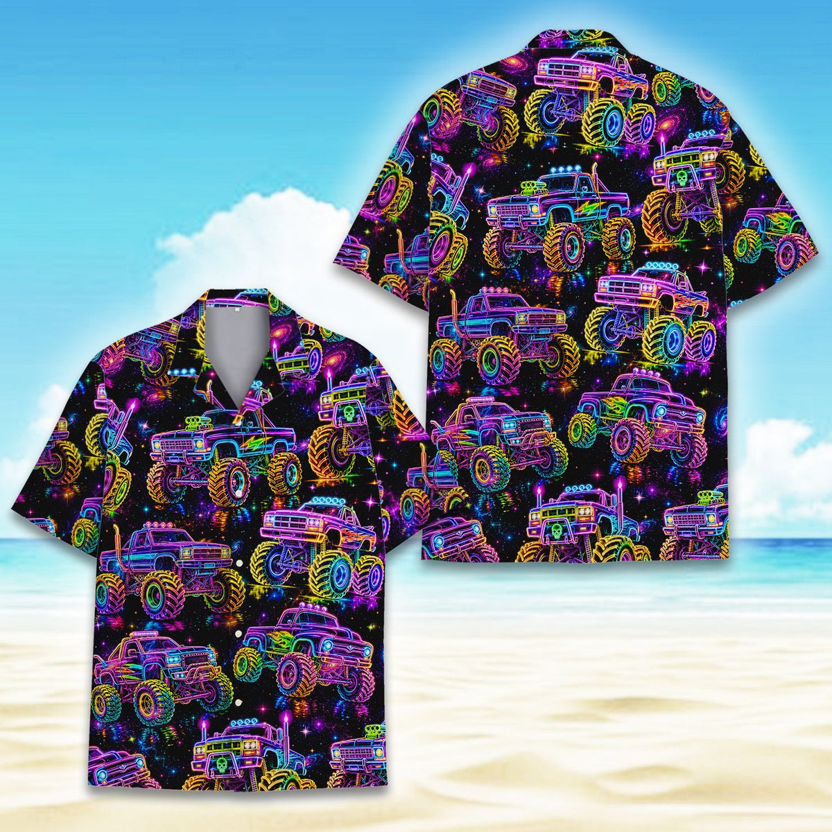Alternative front view of the neon monster trucks hawaiian shirt.
