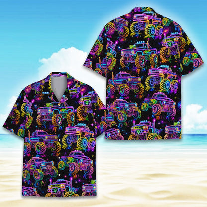 Alternative front view of the neon monster trucks hawaiian shirt.