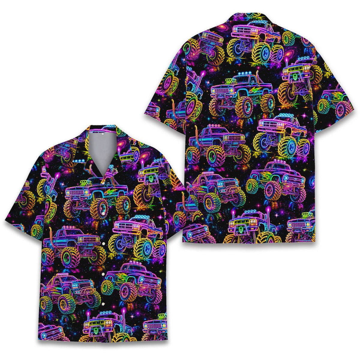 Front view of the neon monster hawaiian shirt featuring glowing monster trucks on a black galaxy background.