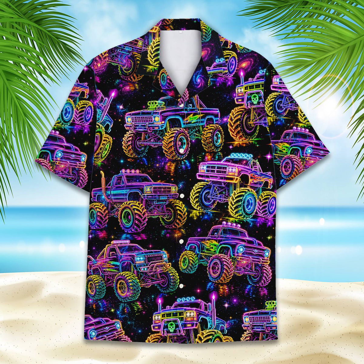 Lifestyle shot featuring the black monster hawaiian shirt on a bright sunny day.
