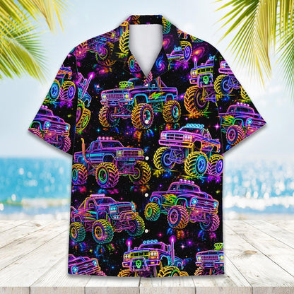 Lifestyle view of a family posing in their matching monster trucks hawaiian shirts.