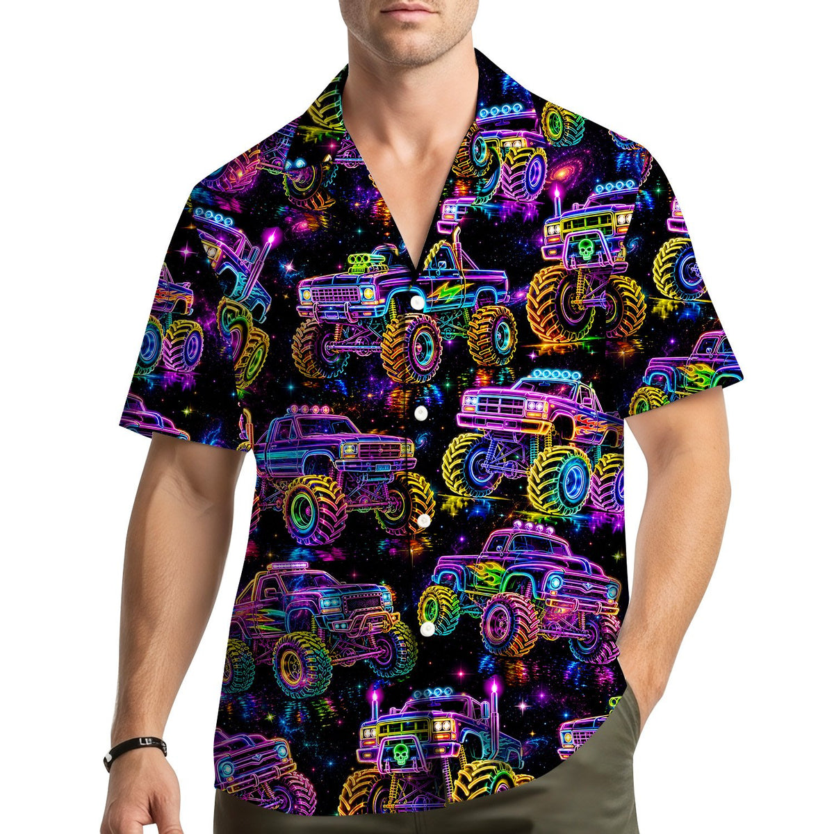 Another lifestyle image showing the vibrant colors of the neon monster trucks hawaiian shirt.