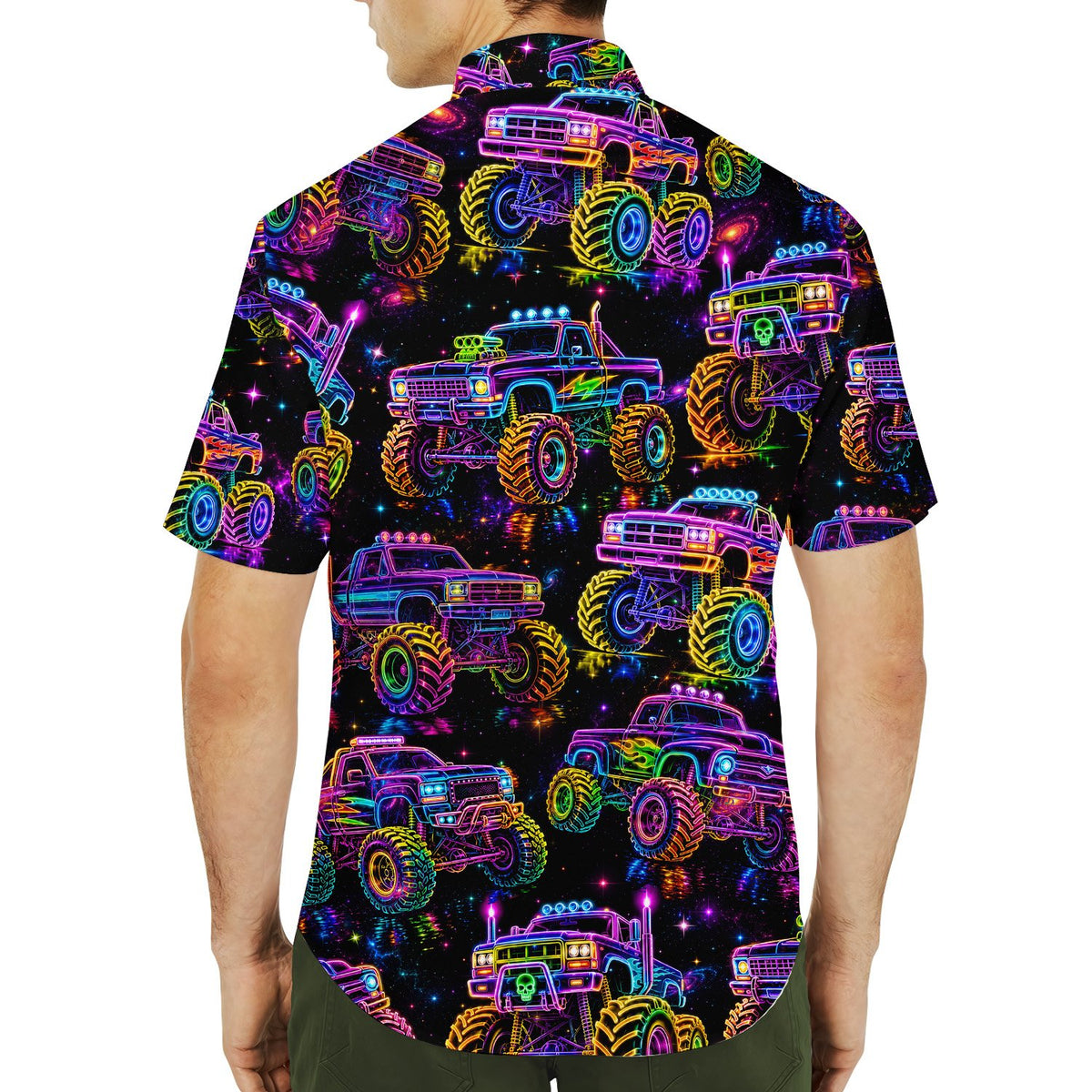 Close-up lifestyle view of the monster hawaiian shirt detailing the pink, purple, blue, and green neon colors.