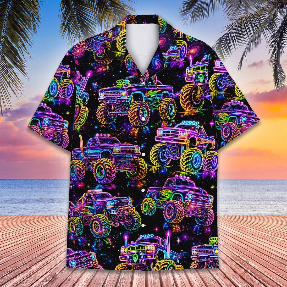 Lifestyle image of a family wearing matching family hawaiian shirts with neon monster trucks.