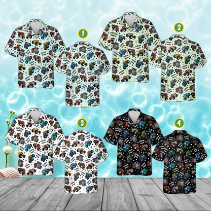 Detailed view of the colorful monster trucks and checkered flags pattern on the personalized hawaiian shirt