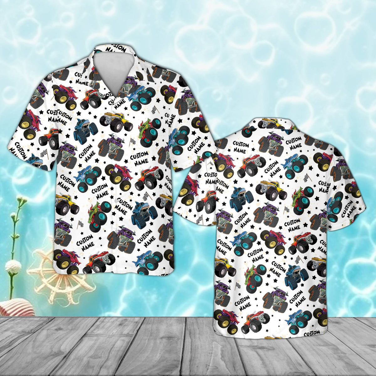 White monster trucks hawaiian shirt with scattered custom name, front view