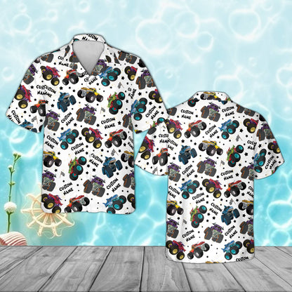 White monster trucks hawaiian shirt with scattered custom name, front view
