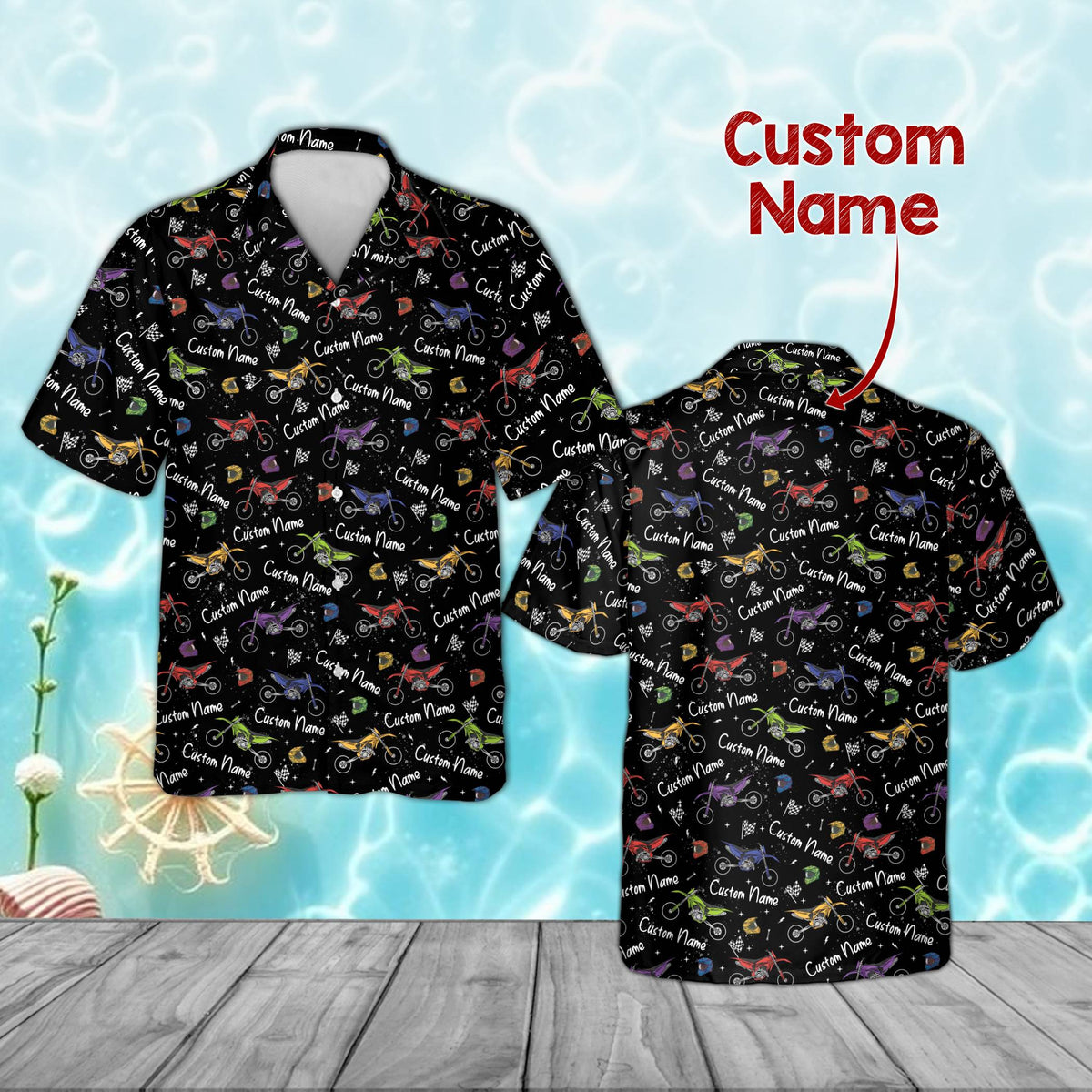 Personalized black motocross hawaiian shirt with dirt bike pattern, front view