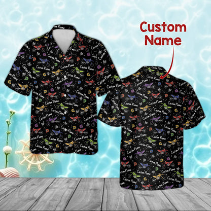 Personalized black motocross hawaiian shirt with dirt bike pattern, front view
