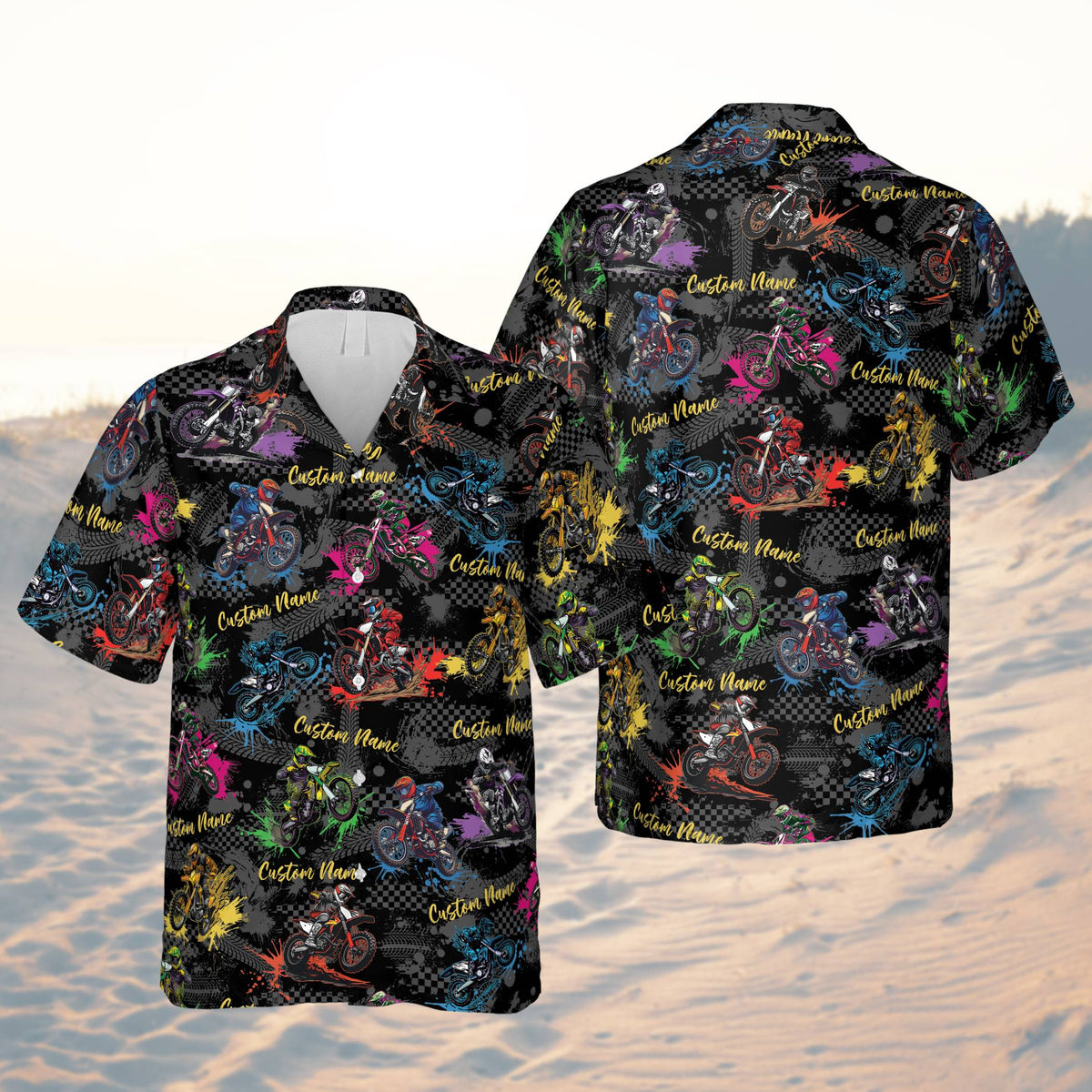 Personalized black motocross hawaiian shirt with custom name and number, main view