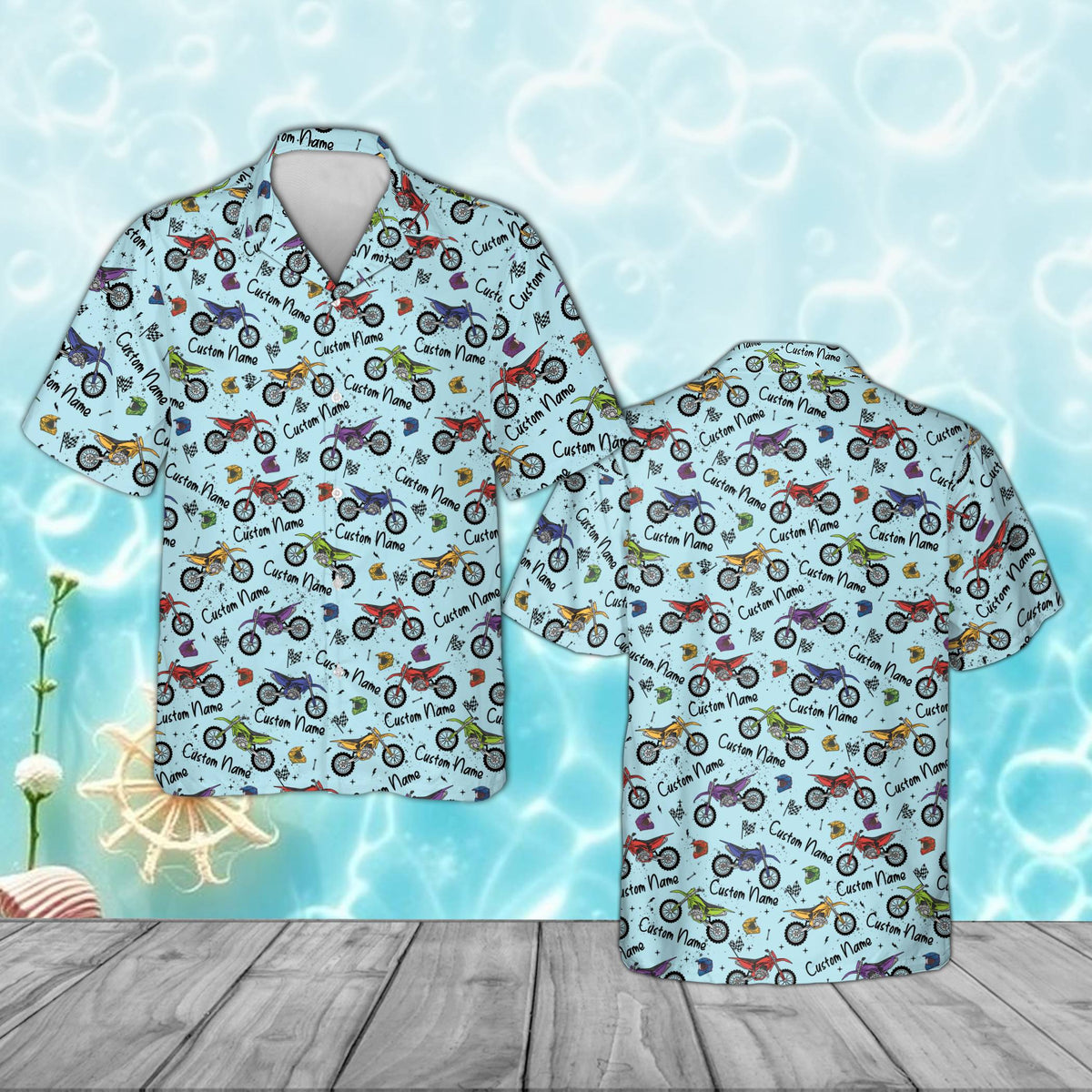 Personalized blue motocross hawaiian shirt with custom name and number, front view