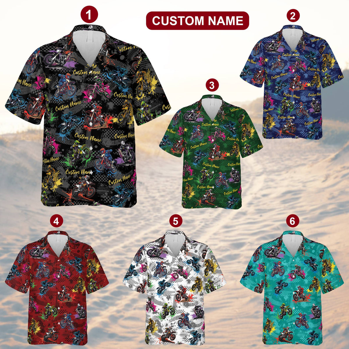 Motocross hawaiian shirt featuring dirt bike stunt pattern, front view