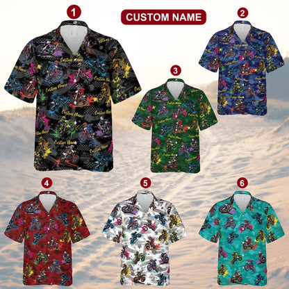 Motocross hawaiian shirt featuring dirt bike stunt pattern, front view