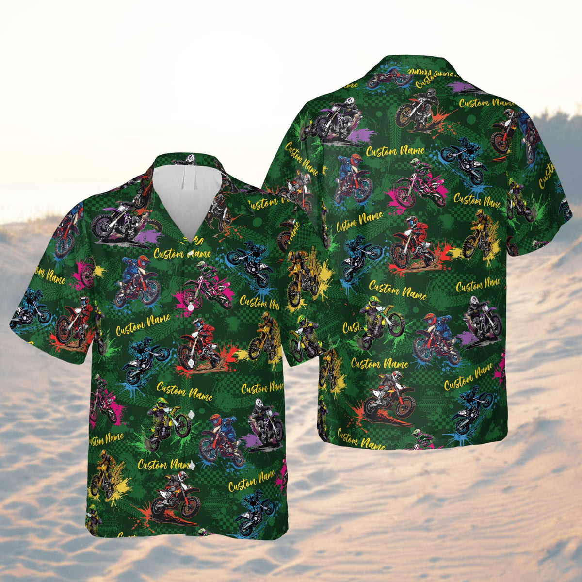 Green custom name and number hawaiian shirt, front view