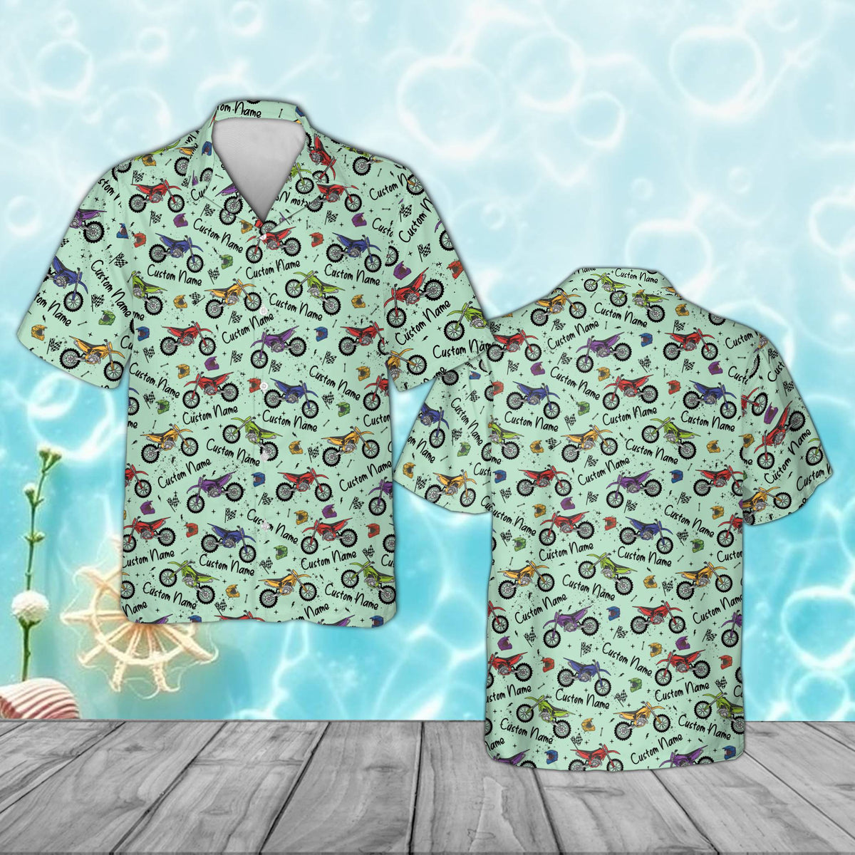 Personalized green motocross hawaiian shirt with dirt bikes and stars, front view