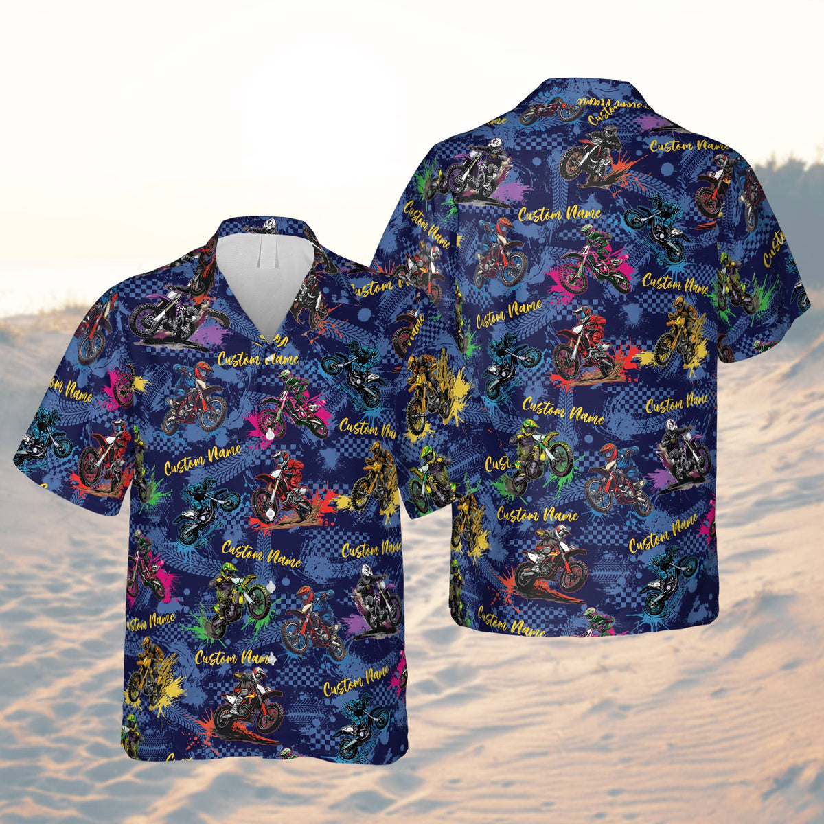 Navy blue motocross hawaiian shirt for matching family outfits, front view