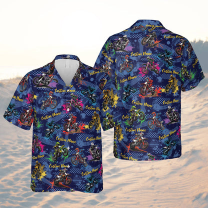 Navy blue motocross hawaiian shirt for matching family outfits, front view