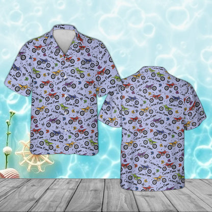Personalized purple motocross hawaiian shirt with racing pattern, front view