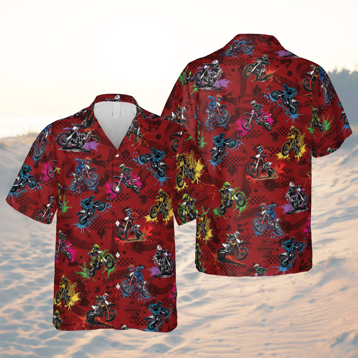 Red motocross hawaiian shirt with checkered flag design, front view