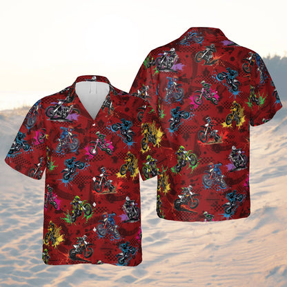 Red motocross hawaiian shirt with checkered flag design, front view